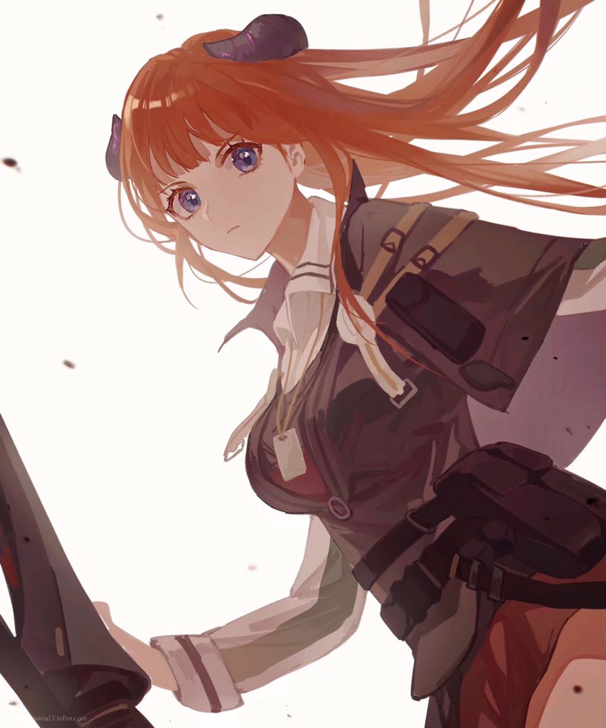 1girl arknights bagpipe_(arknights) belt black_capelet capelet closed_mouth collared_shirt cowboy_shot dragon_horns dust_particles dutch_angle floating_hair frown gunlance holding holding_weapon horns id_card long_hair long_sleeves looking_at_viewer miniskirt orange_hair qinglai_haiji shirt simple_background skirt solo utility_belt violet_eyes weapon white_background white_shirt