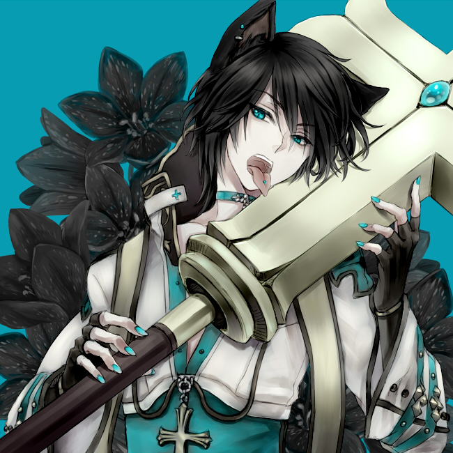 1boy animal_ears archbishop_(ragnarok_online) bangs black_flower black_hair blue_background blue_coat blue_eyes blue_theme cat_ears choker coat commentary_request cross cross_necklace ear_piercing fingerless_gloves flower gloves hair_between_eyes jewelry large_cross licking licking_weapon looking_to_the_side male_focus misuguu necklace open_mouth piercing ragnarok_online short_hair simple_background solo teeth tongue_piercing two-tone_coat upper_body white_coat