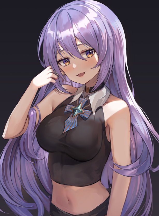 1girl bare_arms bare_shoulders black_background black_choker black_shirt bow bowtie breasts choker collared_shirt crop_top hand_up hololive hololive_indonesia impossible_clothes impossible_shirt large_breasts long_hair looking_at_viewer lunacle midriff moona_hoshinova navel open_mouth purple_hair shirt simple_background sleeveless sleeveless_shirt smile solo stomach upper_body virtual_youtuber wing_collar yellow_eyes