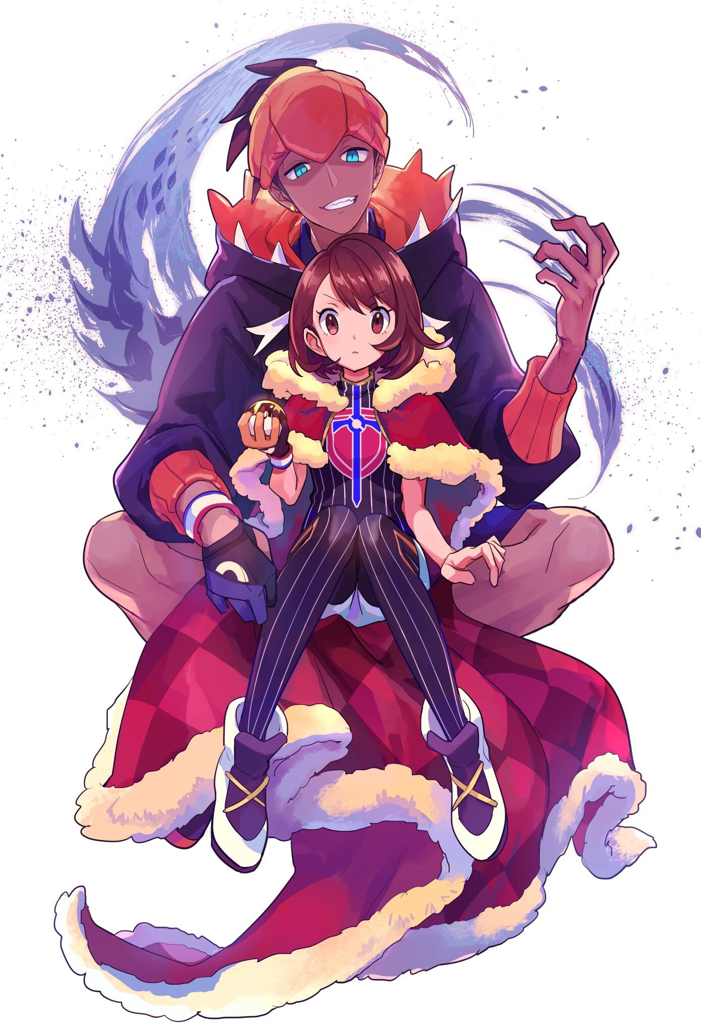 1boy 1girl bangs brown_eyes brown_hair cape champion_uniform closed_mouth commentary_request dark_skin dark_skinned_male dynamax_band earrings eyelashes fur-trimmed_cape fur_trim gloria_(pokemon) gloves gym_leader highres holding holding_poke_ball hood hood_down hoodie jewelry knees leggings orange_headwear partially_fingerless_gloves peco-midori poke_ball pokemon pokemon_(game) pokemon_swsh raihan_(pokemon) red_cape shiny shiny_hair shirt shoes short_sleeves single_glove smile spread_legs ultra_ball