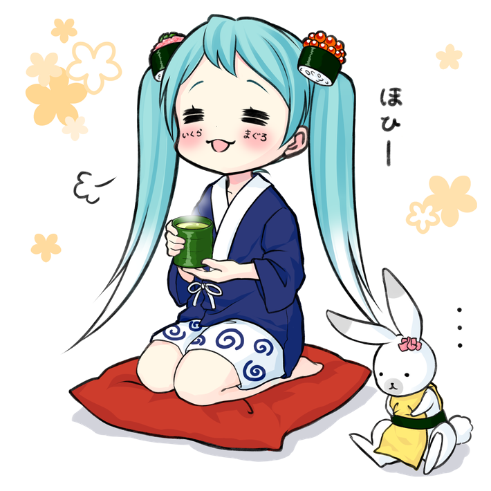 ... 1girl 1other =3 =_= abbreviated_karakusa aqua_hair blue_kimono blush borrowed_design cup cushion face_painting floral_background food food_themed_hair_ornament full_body ginger gradient_hair green_tea hair_ornament hatsune_miku holding holding_cup japanese_clothes kimono kotobuki0101 long_hair makizushi multicolored_hair nigirizushi open_mouth rabbit rabbit_yukine roe seiza shorts sitting smile steam sushi tea teacup twintails vocaloid white_background white_shorts yuki_miku