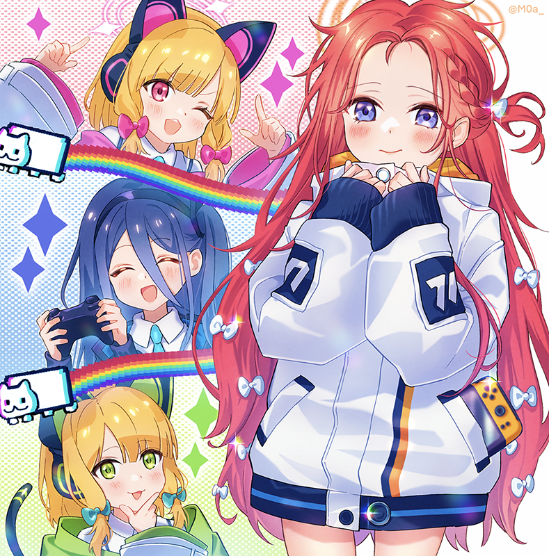 4girls arisu_(blue_archive) blue_archive blush cat_ear_headphones cat_tail controller dark_blue_hair game_controller green_eyes hair_ornament hair_ribbon happy headphones jacket looking_at_viewer midori_(blue_archive) moa_(21energy12) momoi_(blue_archive) multiple_girls nyan_cat one_eye_closed open_mouth red_eyes redhead ribbon school_uniform short_hair siblings sidelocks tail twins twintails violet_eyes yuzu_(blue_archive)