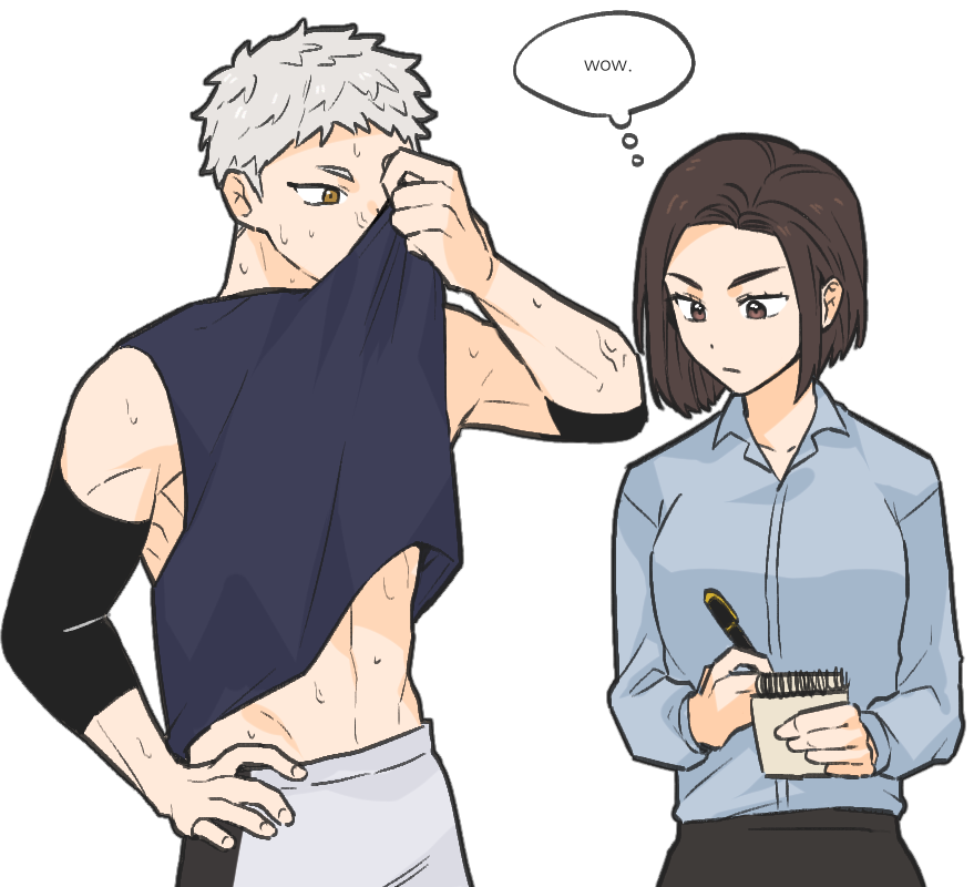 1boy 1girl abs age_difference blue_shirt breasts brown_eyes brown_hair clothes_pull collared_shirt dress_shirt elbow_pads enaga_fumi eyebrows eyelashes formal gumo_hq haikyuu!! holding holding_notepad holding_pen hoshiumi_kourai long_sleeves looking_at_another notepad pen shirt short_hair simple_background sleeveless sportswear standing straight_hair sweat thought_bubble toned toned_male upper_body veins white_background white_hair