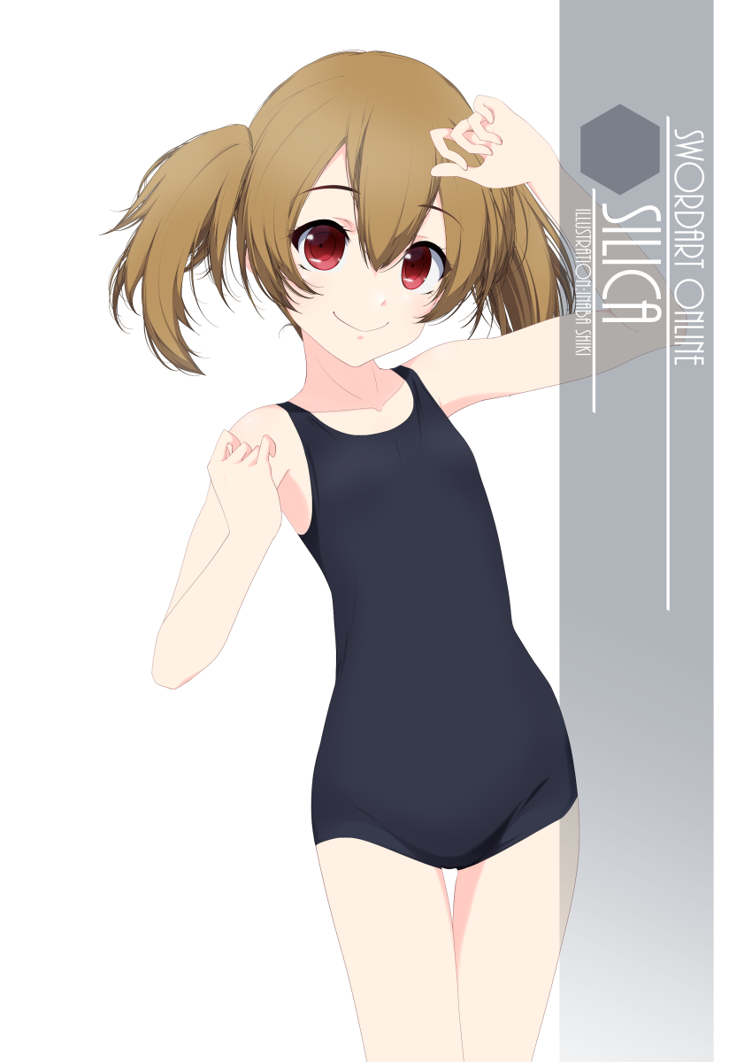 1girl artist_name black_swimsuit brown_hair character_name commentary_request cowboy_shot flat_chest highres inaba_shiki long_hair looking_at_viewer new_school_swimsuit red_eyes school_swimsuit short_hair silica solo standing swimsuit sword_art_online twintails