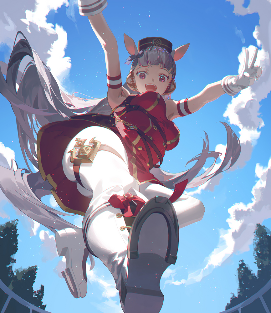 1girl animal_ears bangs blunt_bangs boots brown_headwear chest_belt chest_harness dress ear_covers earphones fajyobore from_below gloves gold_ship_(umamusume) hair_ribbon harness headwear horse_ears horse_girl horse_tail long_hair looking_at_viewer looking_down pink_eyes purple_ribbon red_dress ribbon short_dress silver_hair sleeveless sleeveless_dress tail thigh-highs thigh_boots thighs umamusume underbust v very_long_hair white_gloves white_legwear