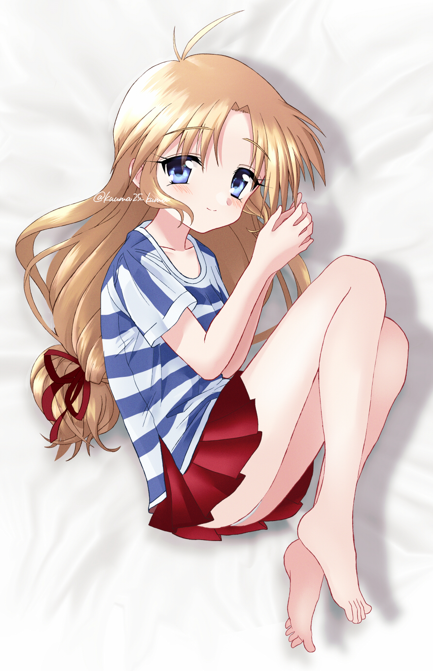 1girl antenna_hair bangs barefoot blue_eyes blush brown_hair closed_mouth collarbone commentary_request commission eyebrows_visible_through_hair feet full_body hair_ribbon hands_clasped hands_up happy highres kashiwagi_hatsune kizuato kuuma25_kuma long_hair looking_at_viewer lying miniskirt on_side own_hands_together panties pantyshot parted_bangs pleated_skirt red_ribbon red_skirt ribbon shadow shirt short_sleeves skeb_commission skirt solo striped striped_shirt toes twitter_username underwear very_long_hair
