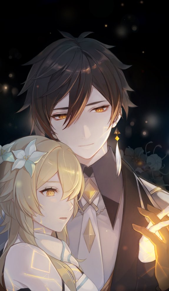 1boy 1girl bangs black_gloves black_hair blonde_hair brown_hair dress earrings flower genshin_impact gloves hair_between_eyes hetero holding_hands jacket jewelry lumine_(genshin_impact) necktie open_mouth orange_eyes short_hair_with_long_locks single_earring smile tassel tassel_earrings tyo197snh upper_body white_dress yellow_eyes zhongli_(genshin_impact)