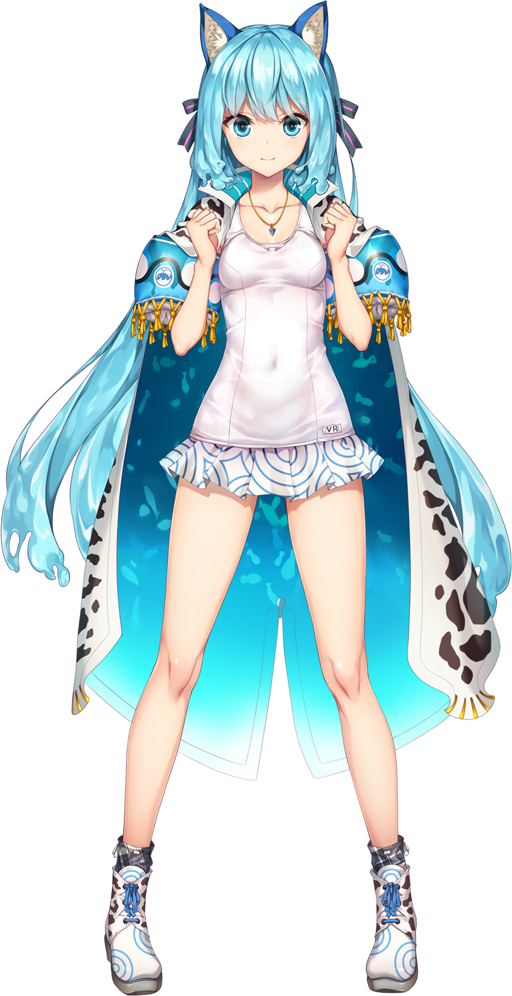 1girl animal_ear_fluff animal_ears bare_legs blue_eyes blue_hair breasts cape clenched_hands closed_mouth covered_navel hands_up highres inflatable_armbands jewelry long_hair looking_at_viewer nyatsuki_(virtuareal) official_art pendant small_breasts solo standing swimsuit swimsuit_skirt tachi-e tauyuki_saema transparent_background very_long_hair virtual_youtuber virtuareal white_footwear white_swimsuit