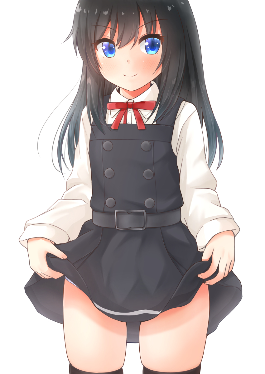 1girl asashio_(kancolle) black_dress black_hair black_legwear blue_eyes buttons comiching cowboy_shot dress dress_lift flat_chest highres kantai_collection lifted_by_self long_hair long_sleeves neck_ribbon pinafore_dress pleated_dress red_neckwear red_ribbon remodel_(kantai_collection) ribbon shirt sleeveless sleeveless_dress smile solo standing thigh-highs white_shirt