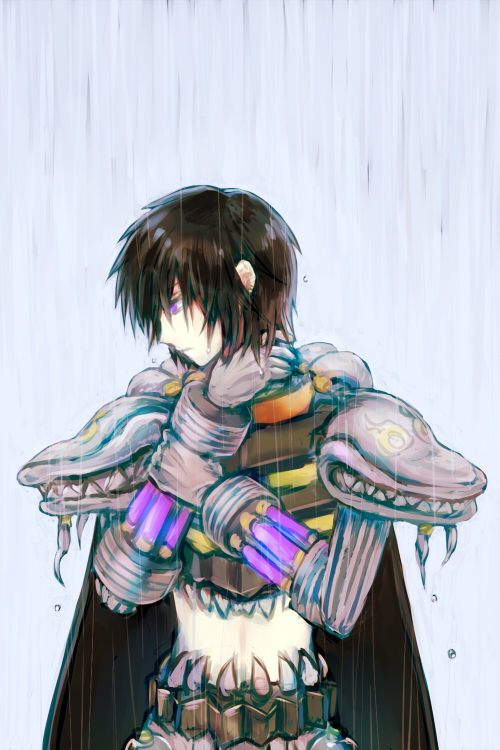 1boy armor bangs black_cape black_hair cape closed_mouth commentary_request genetic_(ragnarok_online) hair_between_eyes living_clothes looking_to_the_side male_focus midriff misuguu ragnarok_online rain shiny shiny_hair short_hair solo teeth upper_body violet_eyes wet