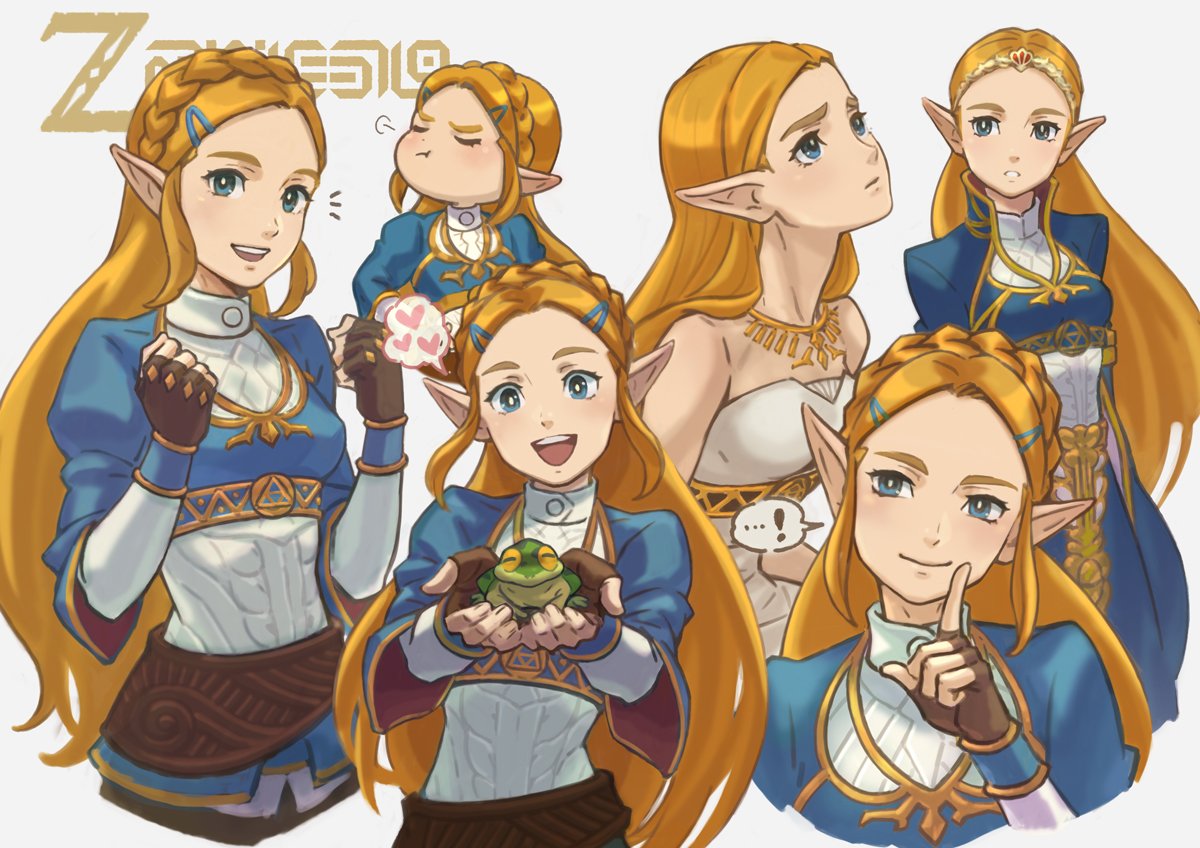 1girl :t blonde_hair blue_eyes blush braid brown_gloves closed_eyes closed_mouth commentary_request eyelashes fingerless_gloves gloves hair_ornament hairclip hands_up holding index_finger_raised long_hair looking_at_viewer misica multiple_views open_mouth pointy_ears pout princess_zelda sidelocks smile the_legend_of_zelda the_legend_of_zelda:_breath_of_the_wild tongue upper_teeth white_background