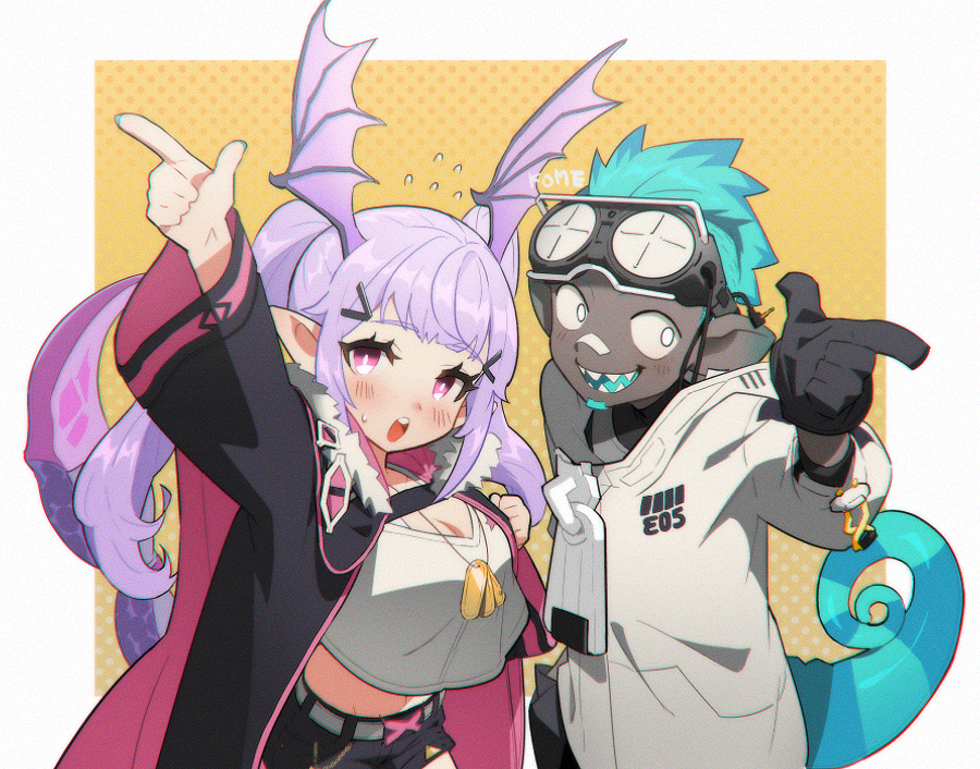 1boy 1girl :d :o aqua_hair arknights arm_up bandaid bandaid_on_nose black_gloves blush breasts chameleon_tail colored_skin dog_tags ethan_(arknights) frischenq gloves goggles goggles_on_head grey_skin head_wings index_finger_raised large_breasts long_hair looking_at_viewer manticore_(arknights) midriff open_mouth orange_background pointy_ears polka_dot polka_dot_background purple_hair scorpion_tail sharp_teeth smile tail teeth twintails two-tone_background upper_body violet_eyes white_background white_eyes
