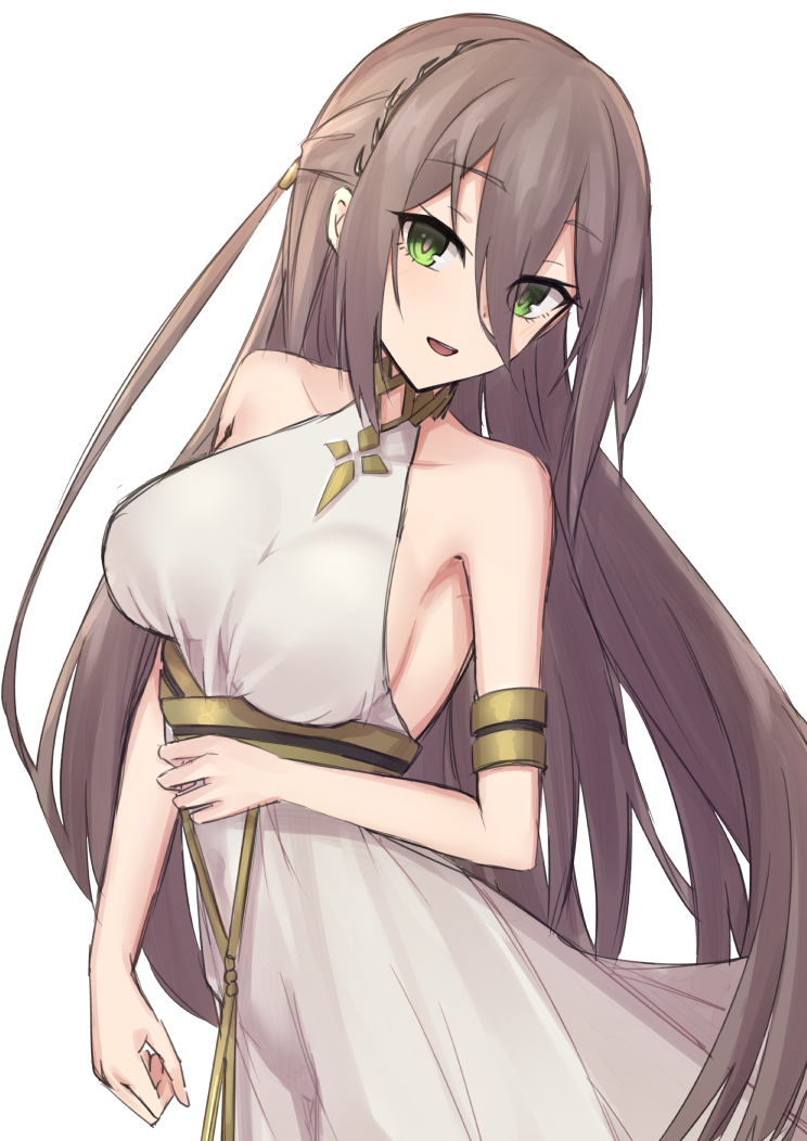 1girl adele_(fate) armlet bangs bare_shoulders breasts brown_hair dress elfenlied22 fate/grand_order fate_(series) green_eyes hair_between_eyes jewelry large_breasts long_hair looking_at_viewer neck_ring open_mouth simple_background smile solo underbust very_long_hair white_background white_dress