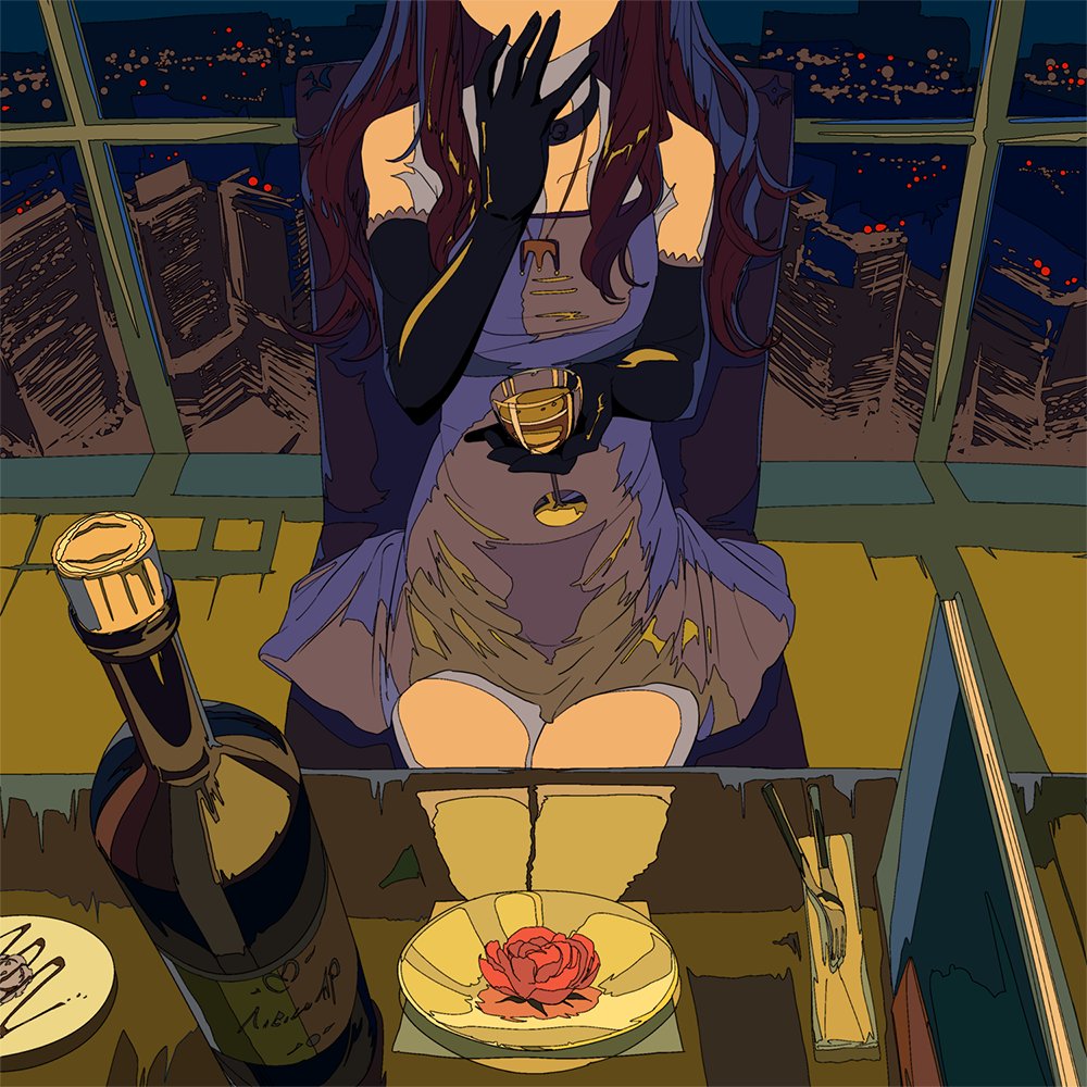 1girl album_cover alcohol bare_shoulders black_hair bottle building chair choker city cityscape cogecha commission cover cup dress drinking_glass elbow_gloves facing_viewer fork gloves hand_on_own_face head_out_of_frame holding holding_cup jewelry long_hair necklace original plate purple_hair second-party_source sitting skyline skyscraper thighs window wine wine_bottle wine_glass