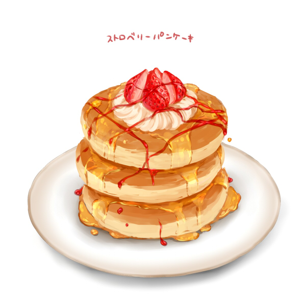 commentary_request food food_focus fruit misuguu no_humans original pancake plate simple_background stack_of_pancakes strawberry syrup translation_request whipped_cream white_background