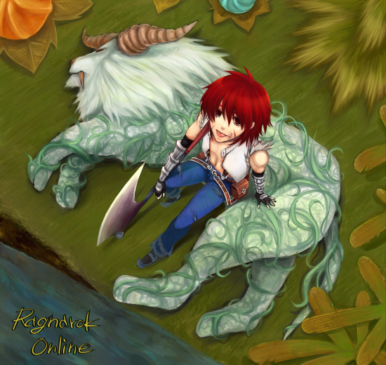 1boy animal axe bangs belt black_gloves blue_pants brown_belt brown_footwear commentary copyright_name crop_top fingerless_gloves from_above full_body fur-trimmed_pants gauntlets gloves hair_between_eyes holding holding_axe looking_at_viewer misuguu monster open_clothes open_shirt outdoors pants pouch ragnarok_online red_eyes redhead river shirt shoes short_hair suspenders tendrilrion tongue tongue_out torn_clothes torn_shirt tree white_shirt whitesmith_(ragnarok_online)