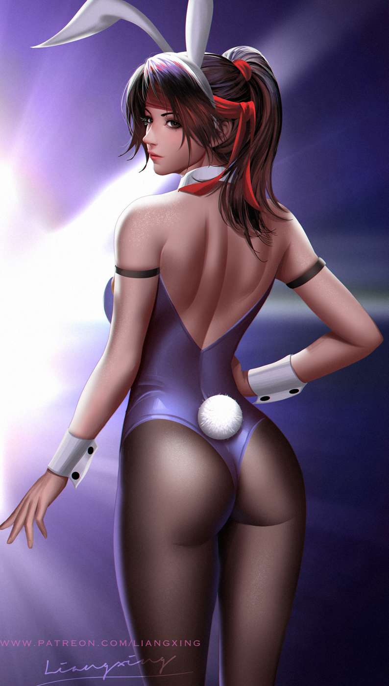 1girl animal_ears arm_strap ass bare_shoulders breasts brown_eyes brown_hair bunny_tail detached_collar fake_animal_ears final_fantasy final_fantasy_vii final_fantasy_vii_remake from_behind hand_on_hip headband highres jessie_rasberry large_breasts leotard liang_xing lips looking_at_viewer medium_hair pantyhose playboy_bunny ponytail purple_leotard rabbit_ears red_bandana red_headband signature solo strapless strapless_leotard tail watermark web_address wrist_cuffs