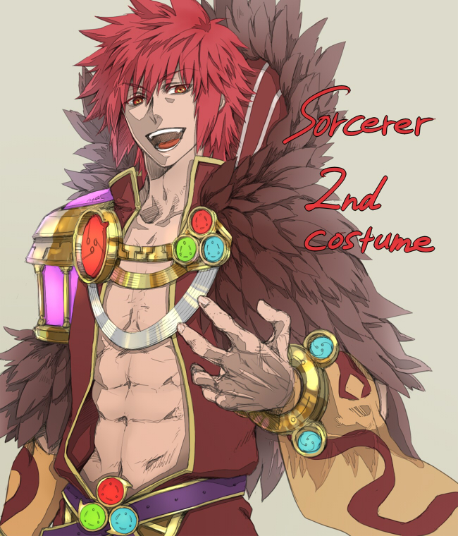 1boy abs bangle bangs bracelet commentary_request detached_sleeves english_text eyebrows_visible_through_hair fur_collar gold grey_background hair_between_eyes jewelry looking_at_viewer male_focus misuguu official_alternate_costume open_clothes open_mouth open_shirt purple_belt ragnarok_online red_eyes red_shirt redhead shirt short_hair simple_background solo sorcerer_(ragnarok_online) spiky_hair upper_body yellow_sleeves