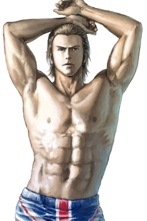 1boy abs armpits arms_up blonde_hair boxing_shorts brown_eyes closed_mouth commentary_request looking_at_viewer male_focus muscular muscular_male navel nipples norapeko shirtless short_hair shorts simple_background solo steve_fox tekken union_jack upper_body white_background