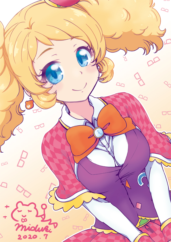 1girl aikatsu! aikatsu!_(series) black_vest blonde_hair blue_eyes bow bowtie breast_squeeze breasts capelet checkered checkered_capelet checkered_skirt clock close-up closed_mouth collared_shirt dated dutch_angle earrings eyebrows_visible_through_hair eyewear_background frilled_capelet frills glasses gradient gradient_background hat jewelry large_breasts long_sleeves looking_at_viewer mini_hat mizuki_maya pleated_skirt red_capelet red_headwear red_skirt saegusa_kii shirt signature skirt smile solo twintails upper_body vest wavy_hair white_shirt wing_collar yellow_background