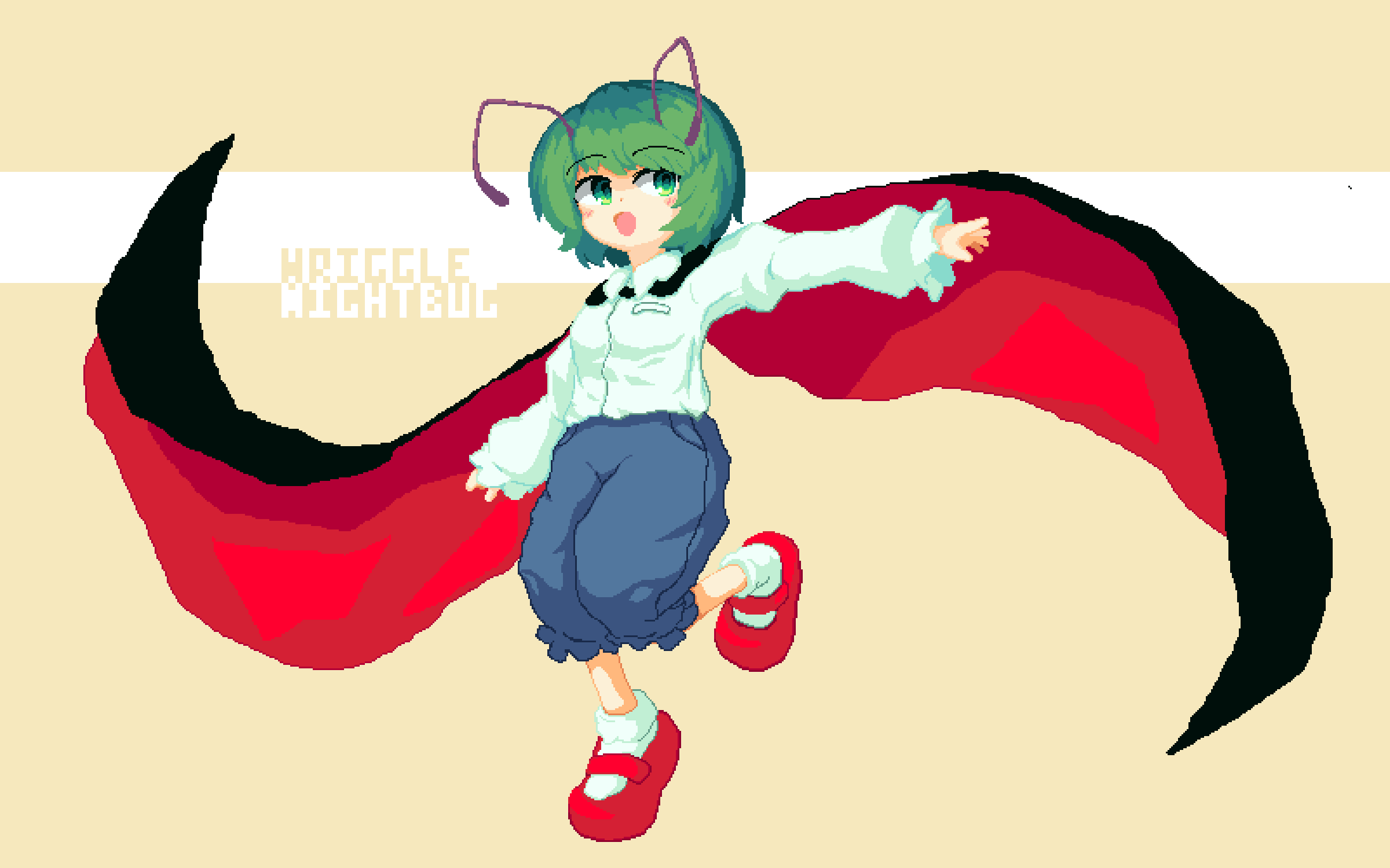 1girl 999_(hansode) antennae bangs black_cape blue_shorts blush breasts cape character_name collared_shirt commentary_request eyebrows_visible_through_hair full_body green_eyes green_hair highres long_sleeves looking_to_the_side mary_janes open_mouth outstretched_arm pixel_art red_cape red_footwear shirt shoes short_hair shorts small_breasts socks solo touhou two-sided_cape two-sided_fabric white_legwear white_shirt wriggle_nightbug