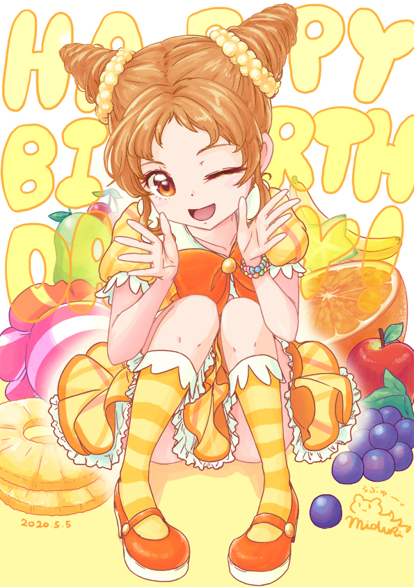 1girl ;d aikatsu! aikatsu!_(series) apple arisugawa_otome banana birthday bow bowtie bracelet commentary dated double_bun dress english_text food foreshortening frilled_dress frills fruit giant_food grapes hair_ornament hair_scrunchie happy_birthday idol jewelry knees_together_feet_apart knees_up loafers mizuki_maya multicolored multicolored_background one_eye_closed open_mouth orange_(food) orange_eyes orange_hair orange_neckwear pineapple_slice plaid plaid_dress puffy_short_sleeves puffy_sleeves scrunchie shoes short_sleeves signature sitting smile solo striped striped_legwear two-tone_background waving white_background wrapped_candy yellow_background yellow_dress yellow_legwear yellow_scrunchie