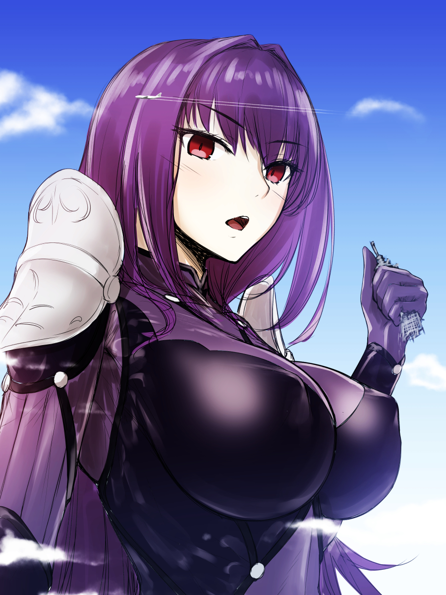 1girl aircraft airplane blush bodysuit breasts building clouds covered_nipples day destruction eyebrows_visible_through_hair fate/grand_order fate_(series) giant giantess hair_intakes highres large_breasts long_hair open_mouth purple_bodysuit rakia_(ds00309) red_eyes scathach_(fate) scathach_(fate)_(all) skin_tight skyscraper solo very_long_hair