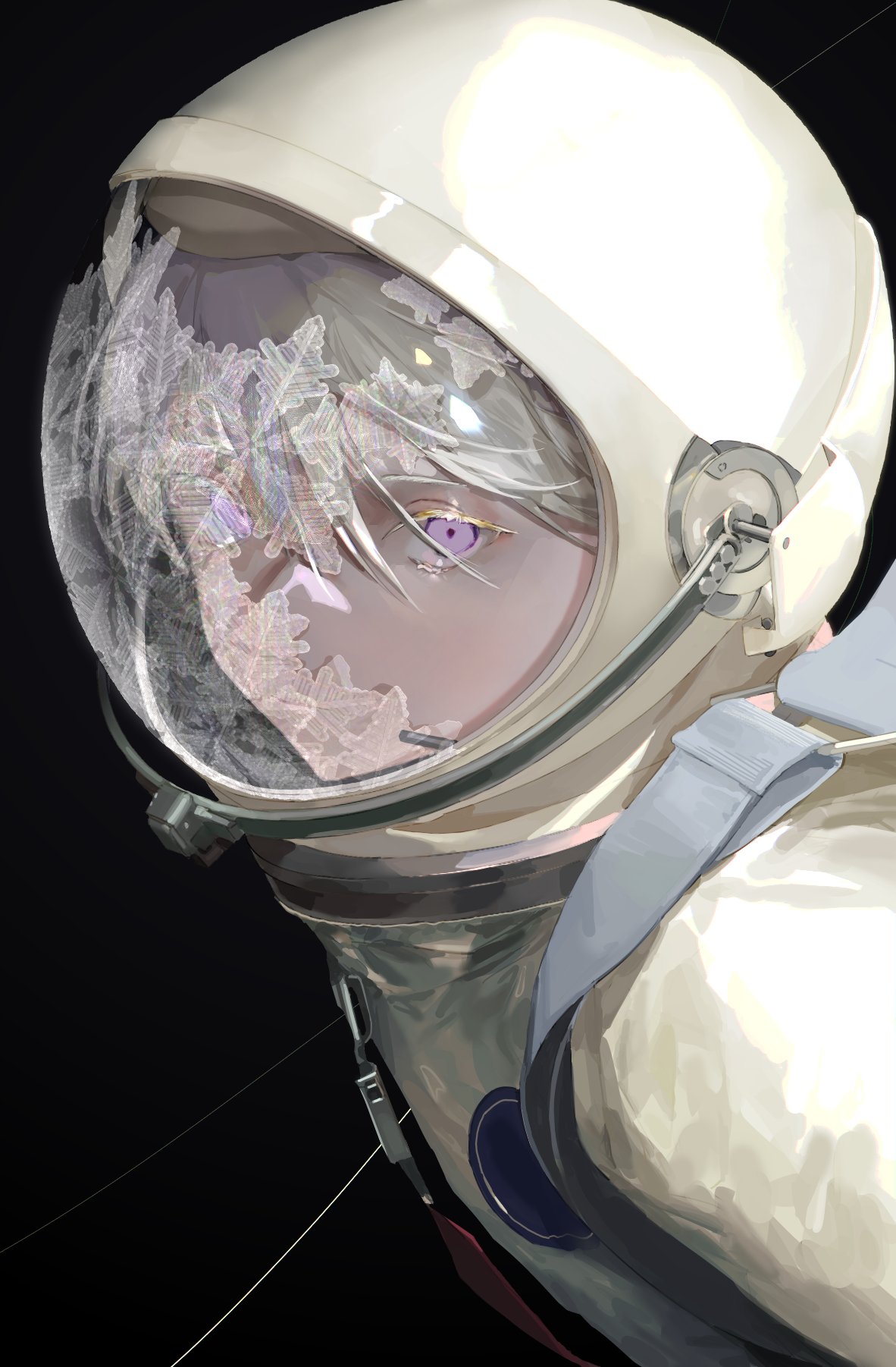 1girl astronaut black_background chromatic_aberration closed_mouth english_commentary expressionless eyelashes hair_between_eyes highres ice looking_at_viewer nmuinium original rope simple_background snowflakes solo space space_helmet spacesuit strap transparent upper_body violet_eyes white_hair