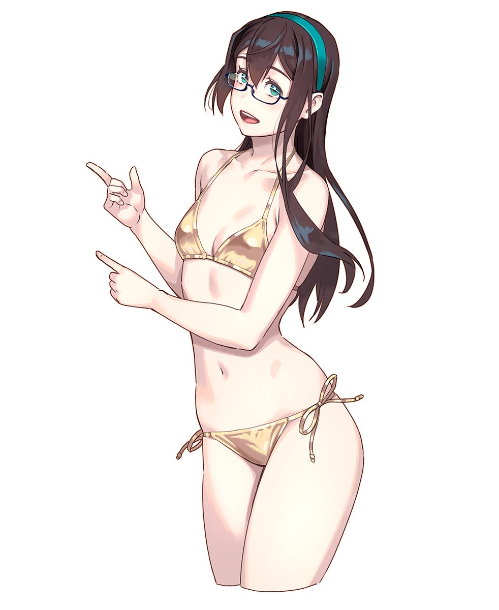 1girl aqua_eyes bare_arms bare_legs bare_shoulders bikini black-framed_eyewear black_hair collarbone cowboy_shot cropped_legs flat_chest glasses gold_bikini green_hairband hair_between_eyes hairband highres index_fingers_raised kantai_collection long_hair navel ooyodo_(kancolle) open_mouth side-tie_bikini simple_background smile solo swimsuit white_background yuuji_(and)