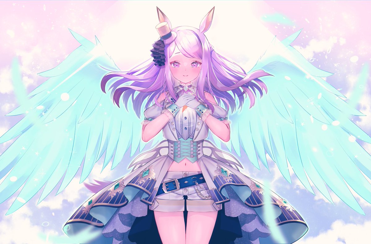 1girl animal_ears bangs belt belt_buckle blue_belt blue_feathers blue_wings blush buckle closed_mouth clothing_cutout commentary_request crop_top feathered_wings feathers gloves hands_together hands_up hat horse_ears horse_girl horse_tail mejiro_mcqueen_(umamusume) midriff mini_hat mini_top_hat navel own_hands_together puffy_short_sleeves puffy_sleeves shirt short_shorts short_sleeves shorts shoulder_cutout smile solo standing suzuho_hotaru swept_bangs tail thigh_gap tilted_headwear top_hat umamusume white_gloves white_headwear white_shirt white_shorts wings