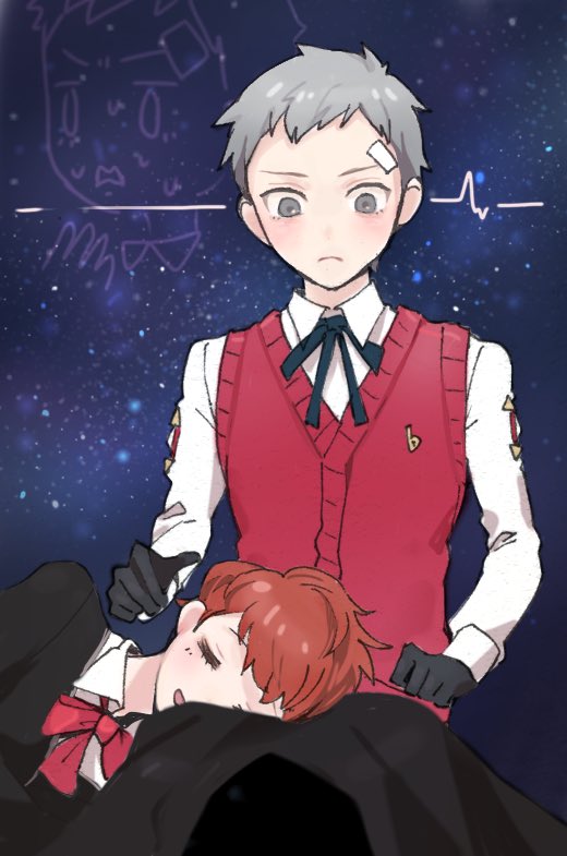 1boy 1girl bangs black_gloves black_jacket black_neckwear blush brown_hair cardiogram closed_eyes gekkoukan_high_school_uniform gloves grey_eyes grey_hair hetero jacket lap_pillow long_sleeves lying on_side open_mouth persona persona_3 persona_3_portable red_neckwear sanada_akihiko school_uniform shiomi_kotone shirt sitting tyo197snh white_shirt