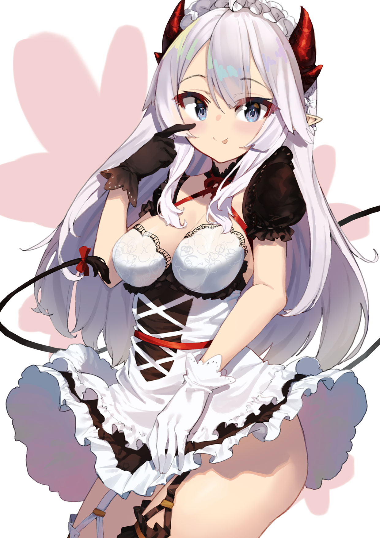 :p apron blue_eyes breasts demon_girl demon_horns demon_tail gloves highres horns large_breasts long_hair maid maid_apron maid_headdress mismatched_gloves mismatched_legwear pointy_ears sango_30 tail tongue tongue_out vei_(vtuber) very_long_hair vshojo white_hair