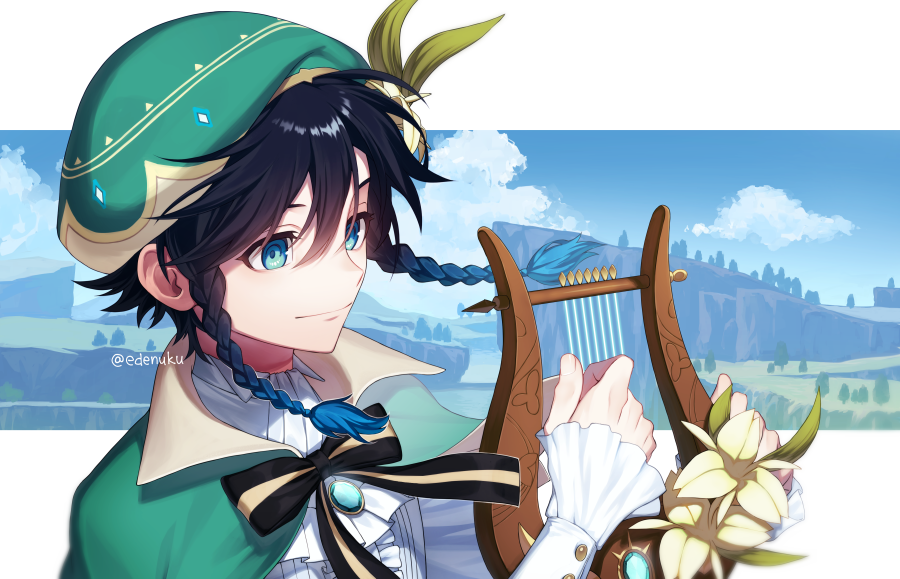 1boy aqua_hair bangs black_hair blue_eyes bow bowtie braid cape closed_mouth flower genshin_impact gradient_hair green_cape green_headwear hair_between_eyes hat hat_flower holding holding_instrument instrument long_sleeves lyre male_focus multicolored_hair music playing playing_instrument side_braids solo sumima twitter_username upper_body venti_(genshin_impact) white_flower