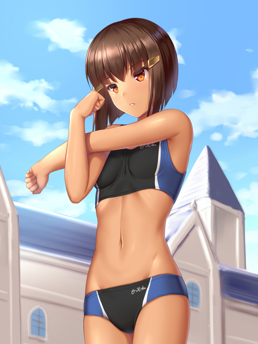 1girl alternate_costume assal_(sennen_sensou_aigis) bangs bare_shoulders blue_sky bob_cut breasts brown_eyes brown_hair building clenched_hands clouds commentary_request cowboy_shot dark_skin dark-skinned_female day eyebrows_visible_through_hair groin hair_ornament hairclip highres midriff navel outdoors parted_lips sennen_sensou_aigis short_hair sidelocks sky small_breasts solo sports_bikini standing stretch tsuboyarou