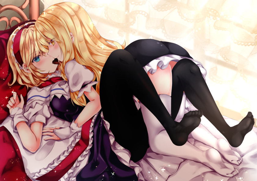 2girls alice_margatroid ass bangs black_dress black_legwear blonde_hair blue_eyes blush breasts bridal_gauntlets candy chocolate chocolate_heart closed_mouth commentary_request commission dress eyebrows_visible_through_hair food frilled_dress frills girl_on_top hair_between_eyes hairband heart kirisame_marisa knees_up long_hair medium_breasts multiple_girls nanase_nao no_shoes pantyhose puffy_short_sleeves puffy_sleeves red_hairband shared_food shirt short_sleeves skeb_commission smile soles thigh-highs touhou very_long_hair white_legwear white_shirt wrist_cuffs yellow_eyes yuri