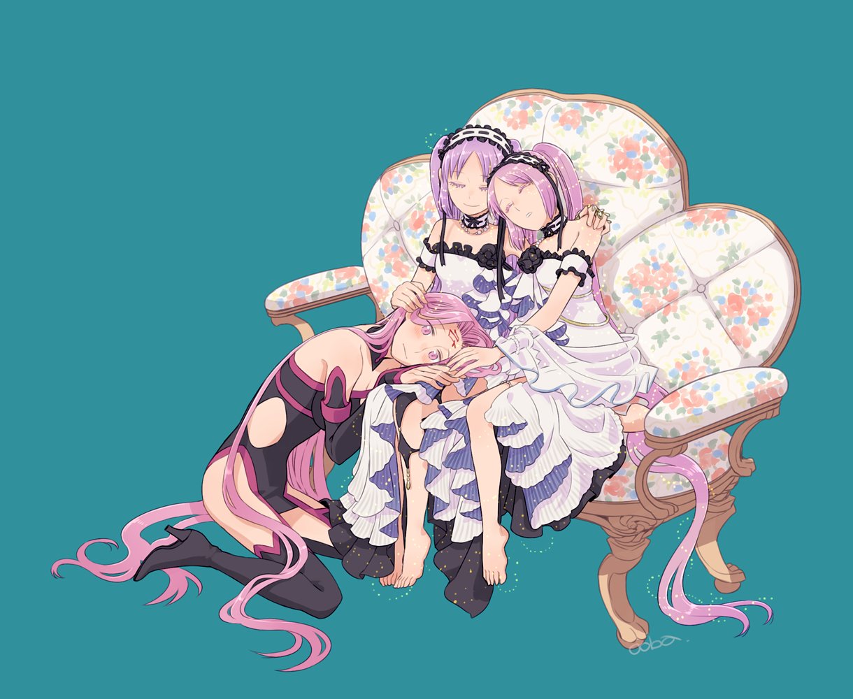 3girls arm_around_shoulder barefoot blush boots choker closed_eyes dress euryale_(fate) facial_mark fate/grand_order fate_(series) forehead_mark frilled_hairband frills hairband headdress high_heels lap_pillow lolita_hairband long_hair medusa_(rider)_(fate) multiple_girls ooba purple_hair revealing_clothes ribbon-trimmed_hairband shy siblings simple_background sisters sleeping stheno_(fate) strapless strapless_dress thigh-highs thigh_boots twins twintails violet_eyes white_dress