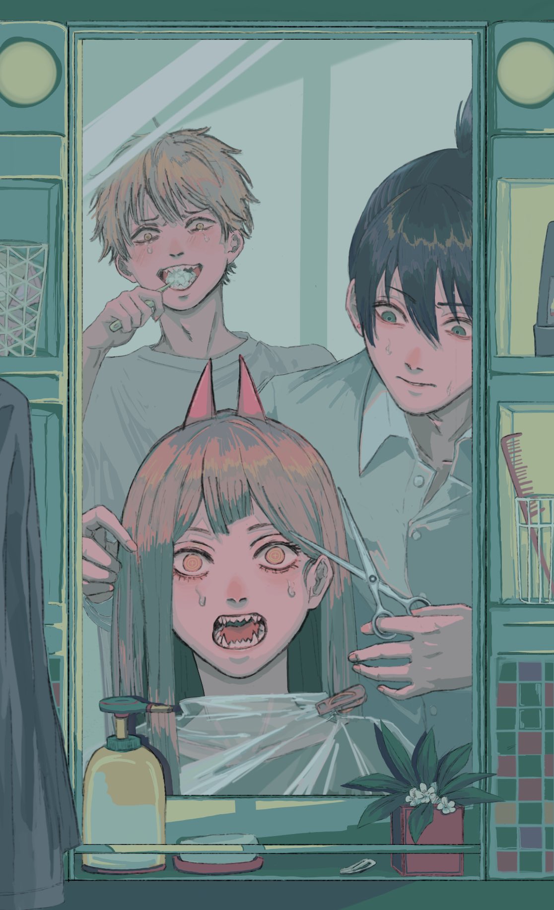 1girl 2boys 7se4gu0 bathroom black_hair blonde_hair brushing_teeth chainsaw_man comb denji_(chainsaw_man) fangs green_eyes hayakawa_aki_(chainsaw_man) highres horns leaf long_hair mirror multiple_boys o_o plant power_(chainsaw_man) reflection scissors sharp_teeth teeth toothbrush yellow_eyes