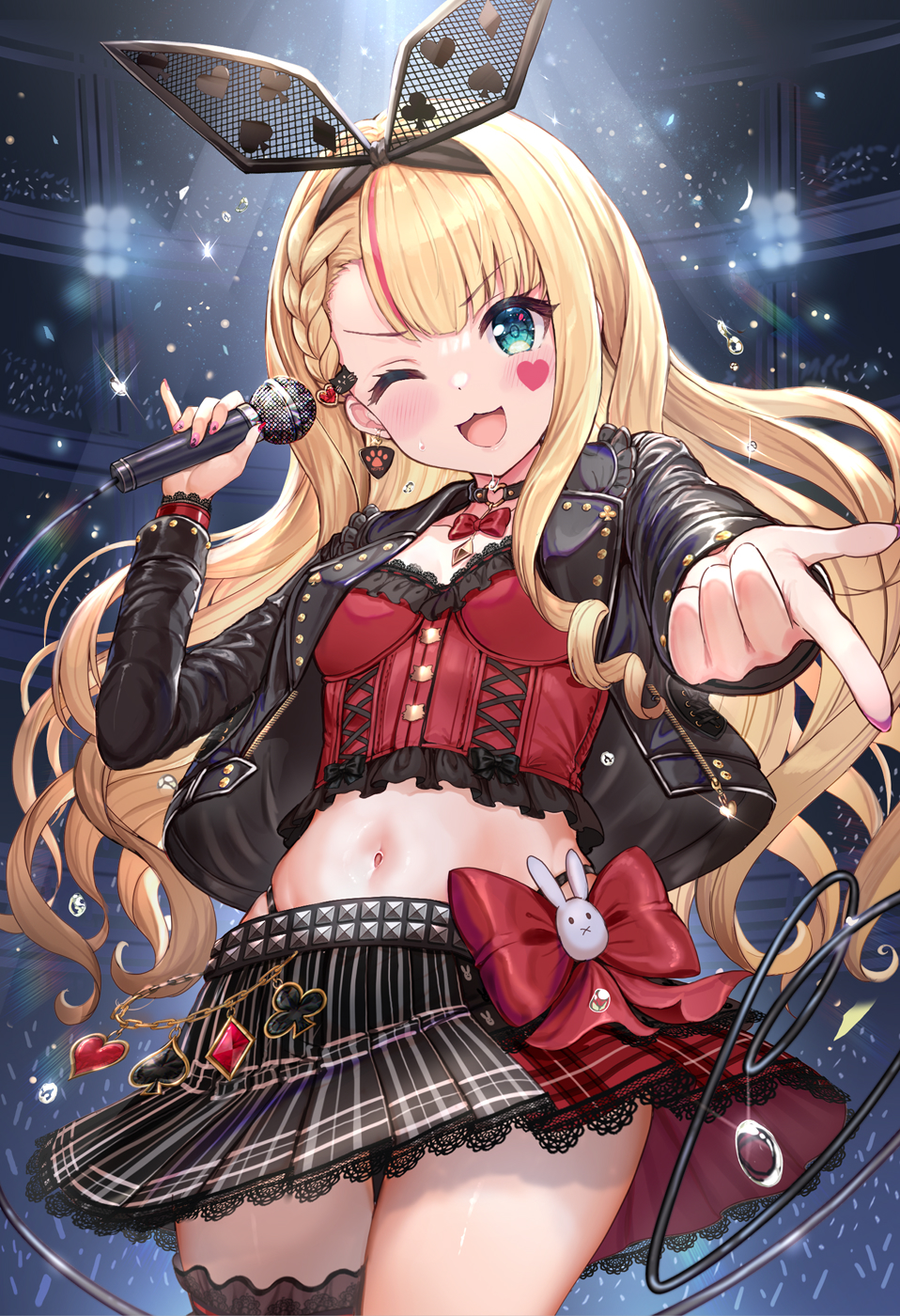 1girl ;3 ;d akabane_(zebrasmise) black_choker black_jacket black_skirt blonde_hair blue_eyes bow bowtie braid breasts choker cowboy_shot crop_top earrings facial_mark frilled_shirt frills hair_ribbon hand_up heart highleg highres holding holding_microphone jacket jewelry lace_trim long_hair long_sleeves looking_at_viewer microphone midriff miniskirt mononobe_alice multicolored_hair nail_polish navel nijisanji one_eye_closed open_clothes open_jacket open_mouth outstretched_arm pleated_skirt pointing pointing_at_viewer red_shirt ribbon shirt skindentation skirt small_breasts smile solo standing stomach streaked_hair sweat thigh-highs thighs v-shaped_eyebrows virtual_youtuber zettai_ryouiki