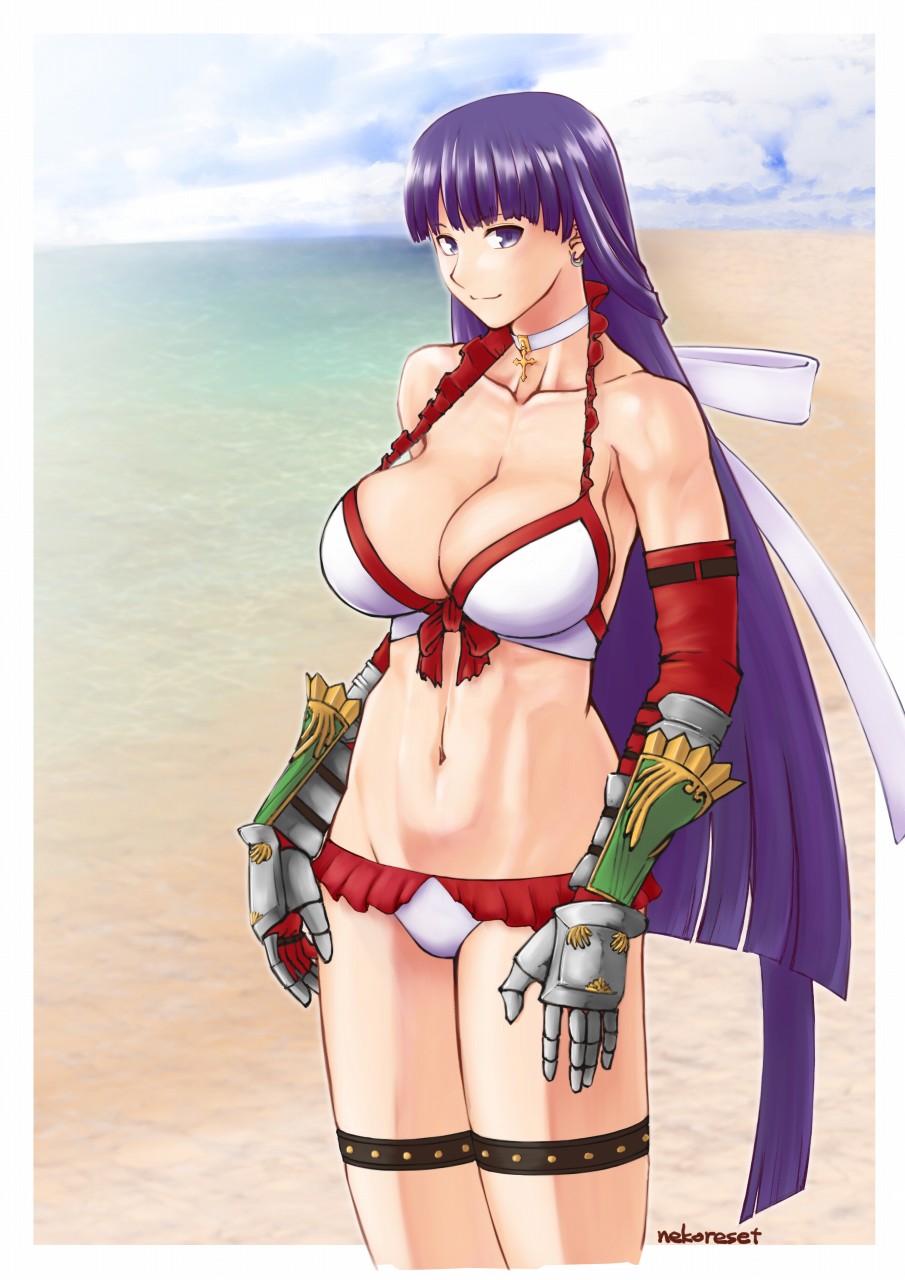 1girl bikini blue_eyes breasts collarbone cowboy_shot cross cross_choker cross_necklace earrings elbow_gloves fate/grand_order fate_(series) frilled_bikini frills gauntlets gloves highres hime_cut jewelry large_breasts martha_(fate) martha_(swimsuit_ruler)_(fate) navel necklace nekoreset13 purple_hair red_gloves solo standing straight_hair swimsuit white_bikini