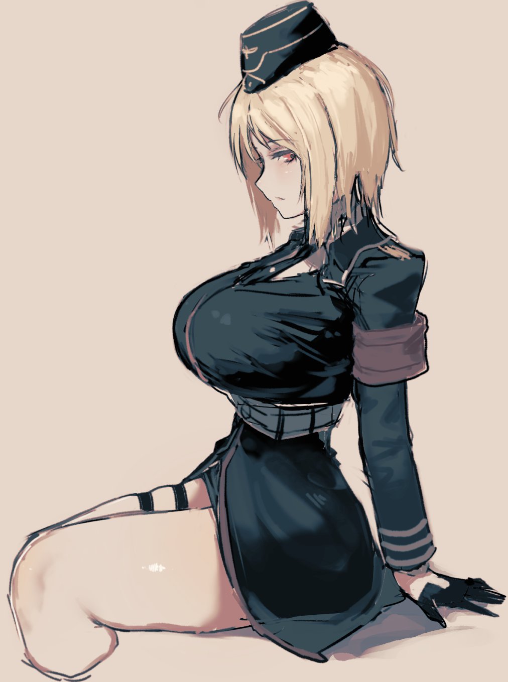 1girl akitaka_takaaki arm_support armband blonde_hair breasts cropped_legs garrison_cap girls_frontline gloves hat highres large_breasts looking_at_viewer mp40_(girls_frontline) necktie sitting sketch skindentation solo tan_background thigh_strap