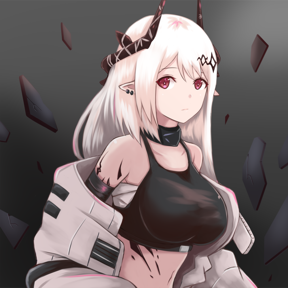 1girl arknights bangs bare_shoulders black_background black_choker breasts choker commentary_request crop_top daiz_(nodadaiz) gradient gradient_background grey_background horns large_breasts long_hair looking_at_viewer midriff mudrock_(arknights) off_shoulder open_clothes oripathy_lesion_(arknights) pointy_ears red_eyes sarashi silver_hair solo sports_bra upper_body