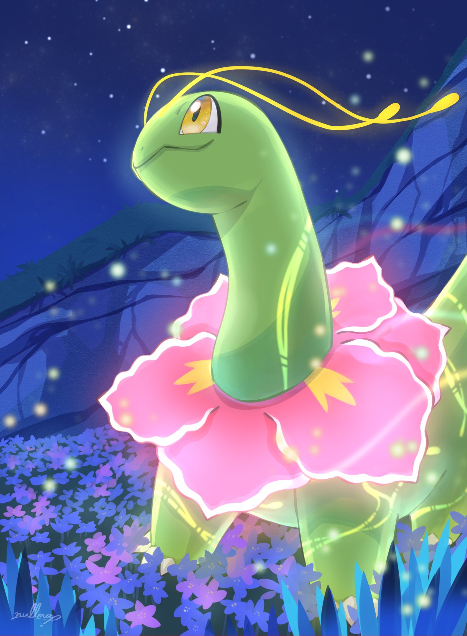 claws closed_mouth commentary_request flower gen_2_pokemon glowing highres looking_up meganium new_pokemon_snap night no_humans nullma outdoors pokemon pokemon_(creature) pokemon_(game) signature sky solo standing yellow_eyes
