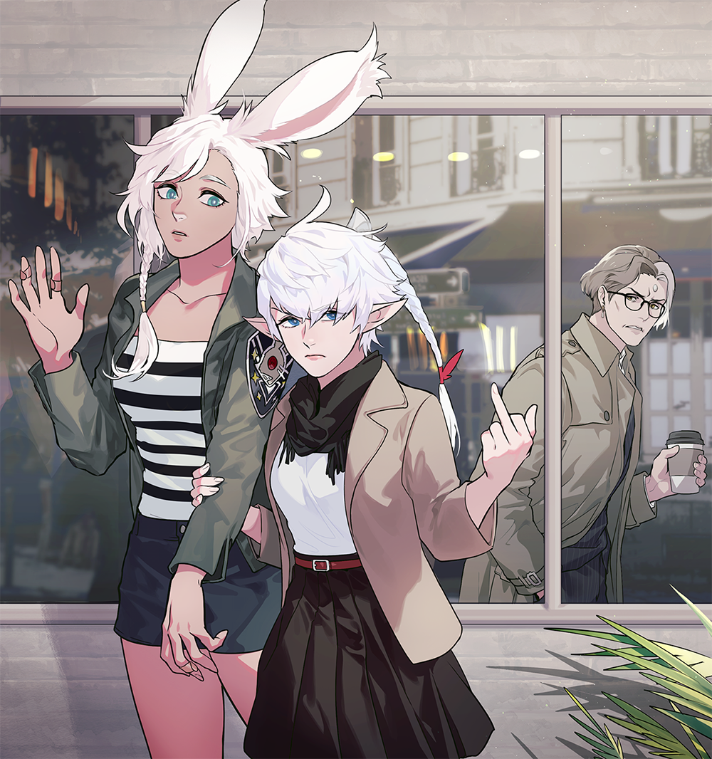 1boy 2girls alisaie_leveilleur alternate_universe animal_ears arm_hug asymmetrical_hair bandaged_fingers bandages black_skirt braid braided_ponytail brown_hair byuub coffee_cup collarbone cup disposable_cup emet-selch final_fantasy final_fantasy_xiv forehead_jewel frown glasses looking_at_another middle_finger multicolored_hair multiple_girls rabbit_ears reflection scowl shirt silver_hair single_braid skirt streaked_hair striped striped_shirt viera waving window