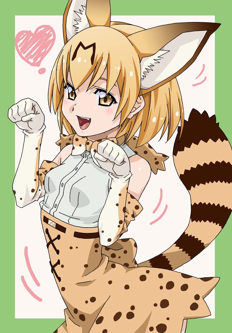 1girl amano_yoki animal_ears blonde_hair bow bowtie breasts elbow_gloves extra_ears gloves heart kemono_friends open_mouth paw_pose print_bow print_gloves print_neckwear serval_(kemono_friends) serval_ears serval_girl serval_print serval_tail sleeveless small_breasts smile solo striped_tail tail upper_body yellow_eyes