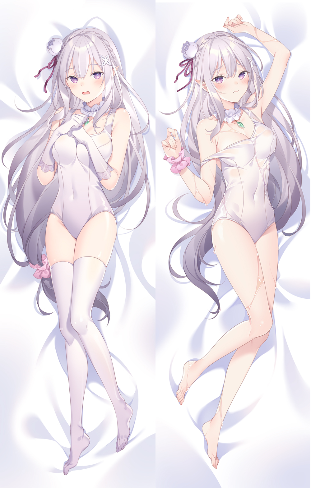 1girl 3: arm_up bangs bare_legs bare_shoulders barefoot bed_sheet blush braid breasts closed_eyes collarbone commentary_request covered_navel crown_braid dakimakura_(medium) emilia_(re:zero) eyebrows_visible_through_hair flower full_body gloves hair_flower hair_ornament hairclip highres large_breasts long_hair looking_at_viewer lying multiple_views on_back one-piece_swimsuit open_mouth pink_scrunchie pointy_ears re:zero_kara_hajimeru_isekai_seikatsu rie_(reverie) scrunchie silver_hair swimsuit thigh-highs very_long_hair violet_eyes water_drop wet white_gloves white_legwear white_swimsuit wrist_scrunchie
