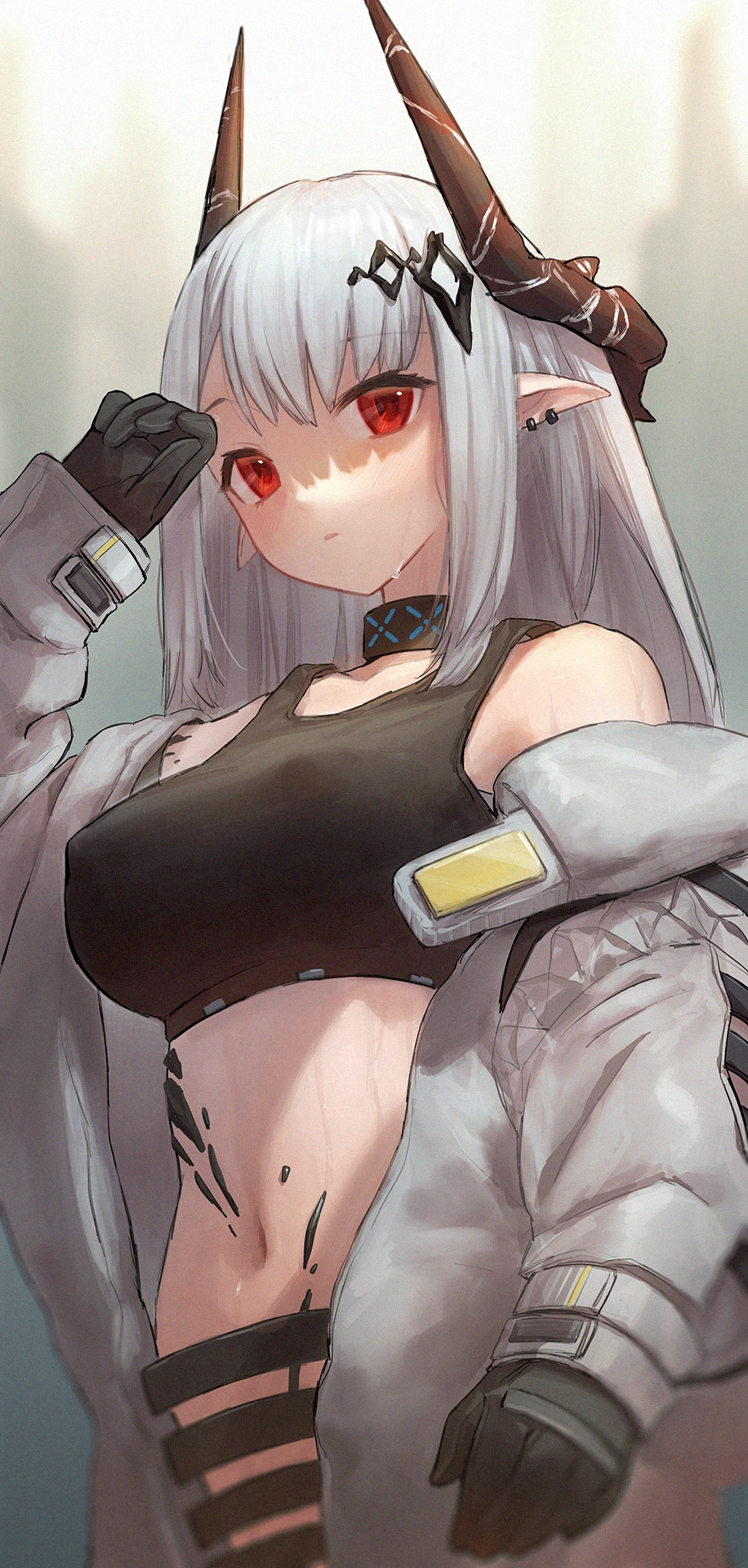 1girl arknights bangs black_choker black_gloves blunt_bangs breasts choker closed_mouth commentary_request eyebrows_visible_through_hair gloves grey_jacket hand_up highres horns jacket jfjf large_breasts long_hair looking_at_viewer mudrock_(arknights) navel pointy_ears red_eyes silver_hair solo stomach