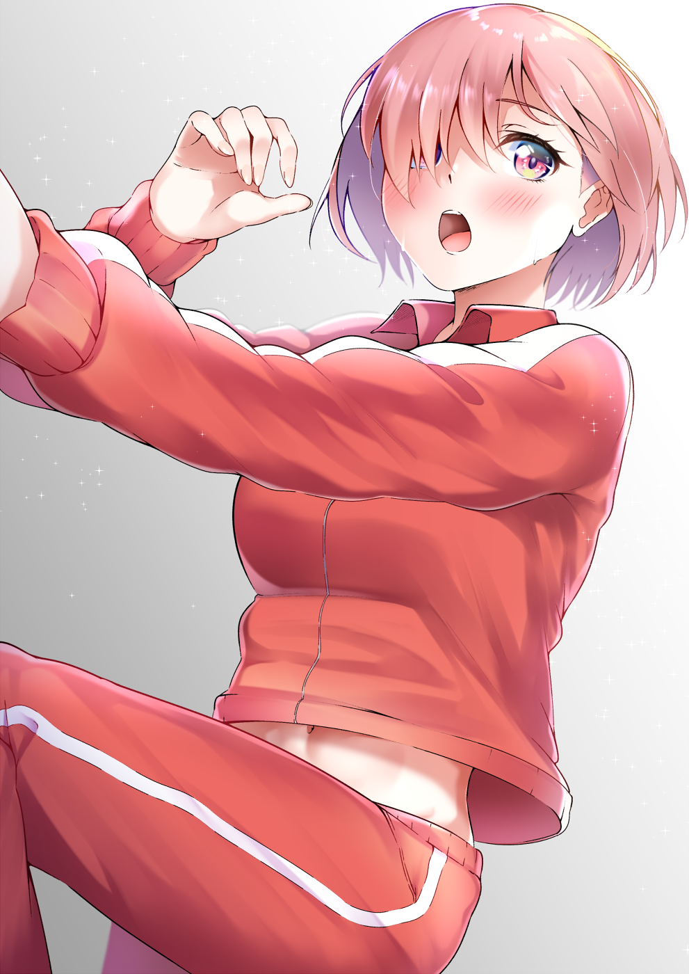 1girl bangs blush breasts fate/grand_order fate_(series) hair_over_one_eye highres jacket large_breasts light_purple_hair long_sleeves looking_at_viewer mash_kyrielight open_mouth pants red_jacket short_hair track_jacket track_pants track_suit violet_eyes yuu-kun_(linke_hand)