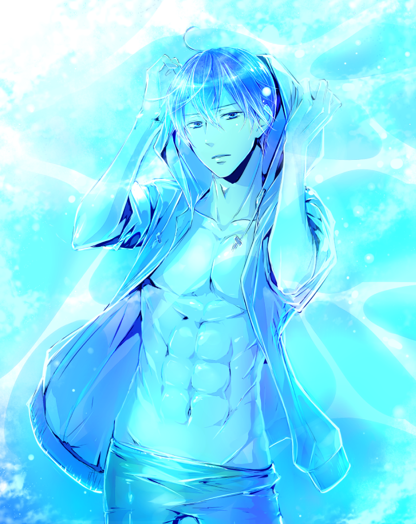 1boy abs bangs blue_theme commentary_request cowboy_shot cowlick eyebrows_visible_through_hair free! hair_between_eyes hood hood_up hoodie looking_at_viewer male_focus monochrome nanase_haruka_(free!) navel norapeko parted_lips short_hair shorts solo toned toned_male