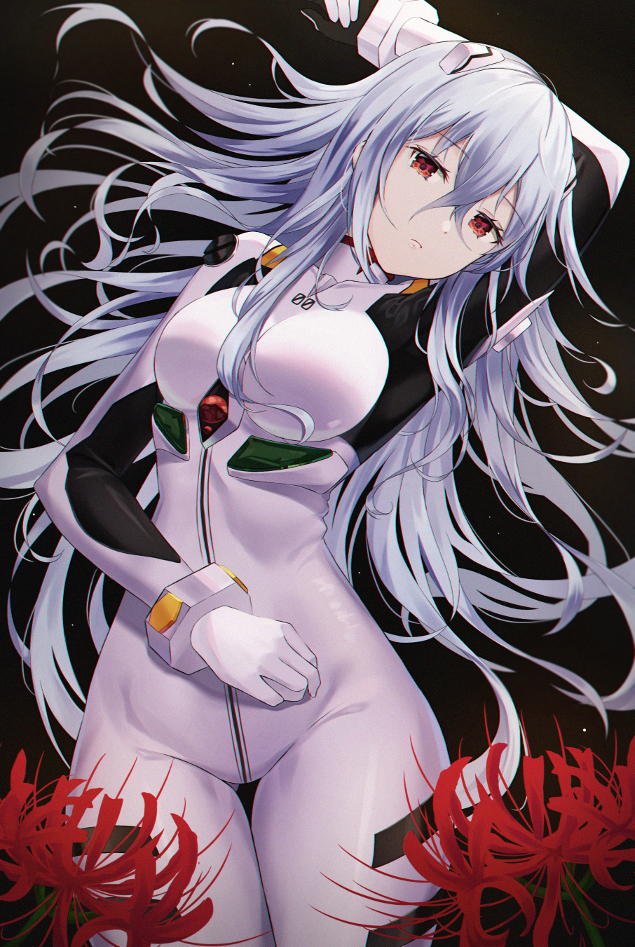 1girl arm_up ass_visible_through_thighs ayanami_rei bangs black_background bodysuit breasts closed_mouth cowboy_shot expressionless eyebrows_visible_through_hair flower gloves hair_between_eyes hand_on_own_stomach highres hyonee long_hair looking_at_viewer medium_breasts neon_genesis_evangelion number plugsuit red_eyes red_flower silver_hair simple_background solo spider_lily thigh_gap very_long_hair white_bodysuit white_gloves