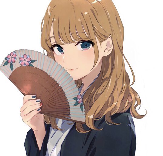 1girl bangs beppu_tamaki brown_hair closed_mouth commentary_request eyebrows_visible_through_hair fan grey_eyes holding holding_fan lips long_hair long_sleeves looking_at_viewer nail_polish onsen_musume out_of_frame ponkan_8 simple_background smile solo white_background